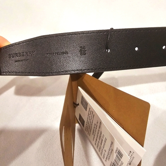 NEW BURBERRY TB  BEIGE CHECK BLACK LEATHER REVERSIBLE LOGO BUCKLE BELT 85 34 - Picture 3 of 3